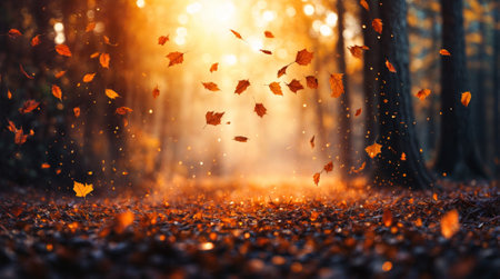 Falling autumn leaves in the forest. 3D Rendering.の素材