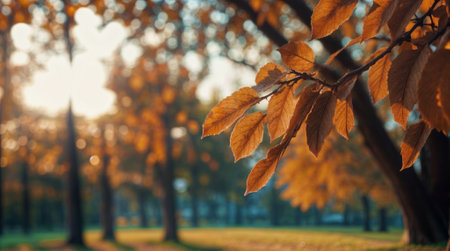 Autumn leaves in the park. Blurred background with bokehの素材