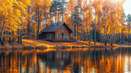 Wooden house on the bank of a mountain river in the autumn forestの素材
