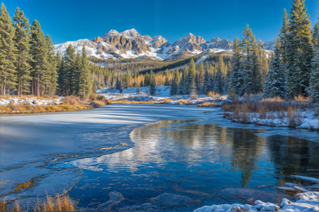 Beautiful winter landscape with frozen lake and snowy mountains in the backgroundの素材