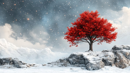 Red tree in winter landscape with snow and stars. 3D renderingの素材