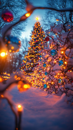 Beautiful christmas tree in the winter forest. Christmas lights.の素材