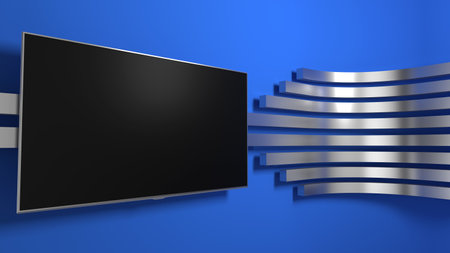 TV Studio. Blue studio. Backdrop for TV shows .TV on wall. News studio. The perfect backdrop for any green screen or chroma key video or photo production. 3D rendering.の写真素材