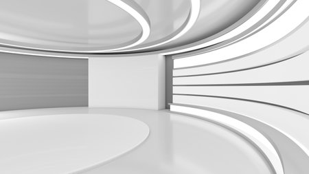 TV Studio. White studio. News studio. The perfect backdrop for any green screen or chroma key video or photo production. 3D rendering.の写真素材