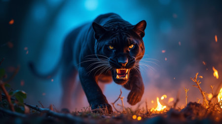 Beautiful big puma with fire on black background. Wildlife scene. Angry big cat in fiery ambience.の素材