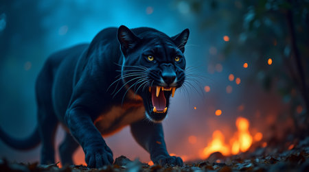 Beautiful big puma with fire on black background. Wildlife scene. Angry big cat in fiery ambience.の素材