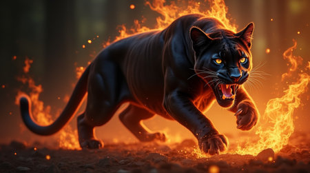 Beautiful big puma with fire on black background. Wildlife scene. Angry big cat in fiery ambience.の素材