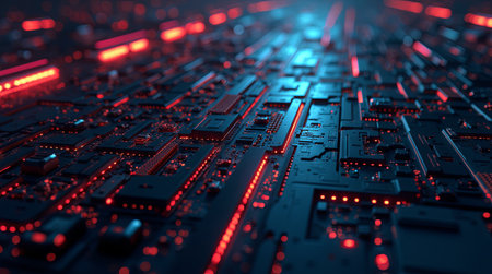 Close up of electronic circuit board with red lights, 3d renderingの素材