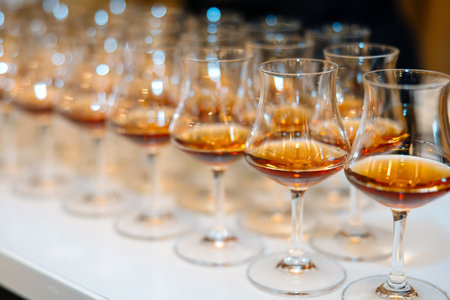 Cognac or brandy in glasses on a buffet table.の写真素材