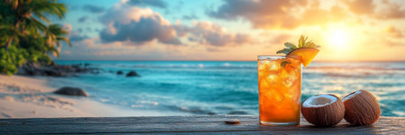 Cocktail on the beach at sunset. Panoramic bannerの素材
