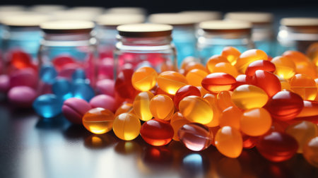 Colorful pills in glass bottles on metal table, closeup viewの素材