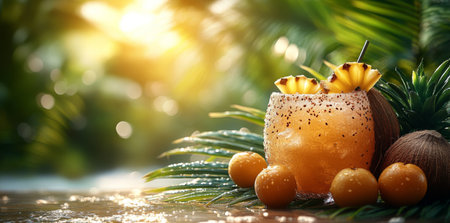 Cocktail with pineapple and mango on a tropical background with palm leaves.の素材