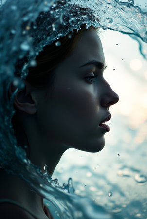 Portrait of beautiful young woman under water drops. Beauty, fashion.の素材