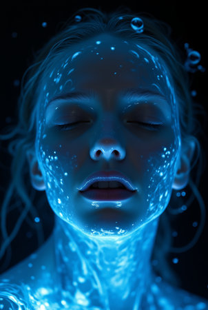 3d rendered illustration of a female face in a blue light.の素材
