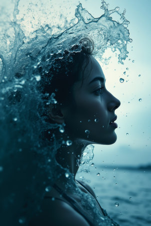 Beautiful woman with water splash on her face. Blue tone.の素材