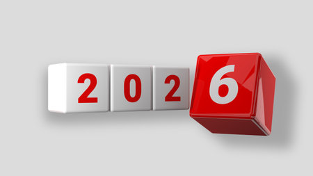 3d rendering of red cubes with the number 2026 over gray background