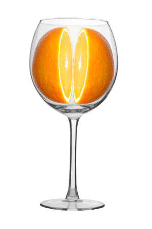 Two parts of sunny orange in glass, with clipping path isolated on white backgroundの写真素材