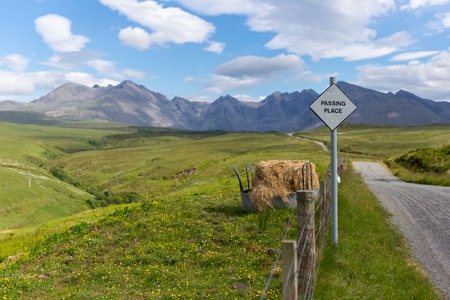 Passing place sign in Scottish Highlands. Travel/Wanderlust conceptの写真素材
