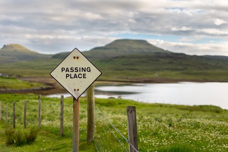 Passing place sign in Scottish Highlands. Travel/Wanderlust conceptの写真素材