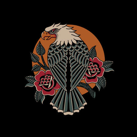 Illustration vector eagle with roses in traditional tattoo styleのイラスト素材