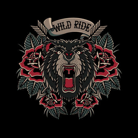 Illustration vector wild ride angry bear with roses in traditional tattoo style