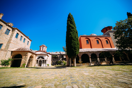 the courtyard of the Greek Orthodox monastery on the holy mountain