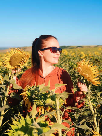 portrait of a woman in sunglasses in a field with sunflowersの写真素材