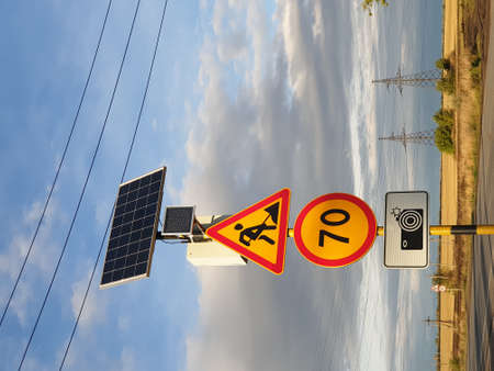 road sign repair work and speed limitの写真素材