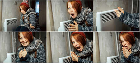 collage of emotional photos of a woman at the radiator, problems with heating in homes during cold weather and energy crisisの写真素材