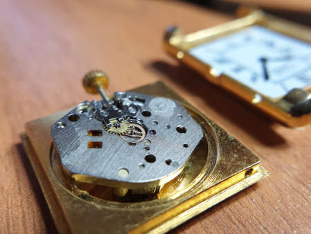 movement of a wristwatch close-up, repair of a broken watch