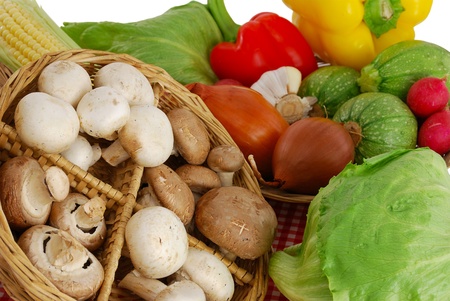 Mushrooms and vegetables mix including  corn, radish, sweet peppers, garlic, onion, lettuce  and squashの写真素材
