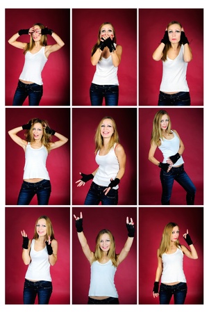 The young girl on a pink background in a white vest with the big eyesの写真素材