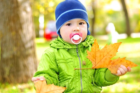 The small beautiful boy walks on a green glade
