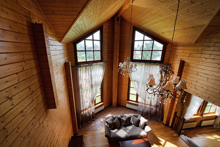 Russia, Moscow - the interior living room wooden country house.の写真素材