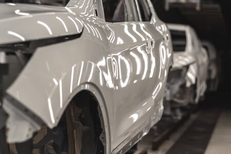 Production line of automobile plant, paint shop, conveyor. Finished product