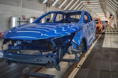 Production line of automobile plant, paint shop, conveyor. Finished productの写真素材