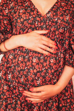 A pregnant woman hugs her stomach. Natural lightの写真素材