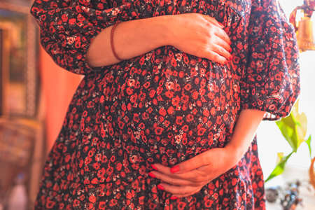 A pregnant woman hugs her stomach. Natural lightの写真素材