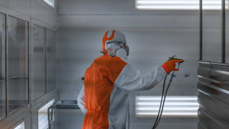 An employee of the paint shop of an automobile plant learns to draw with a pistol. Trainingの写真素材