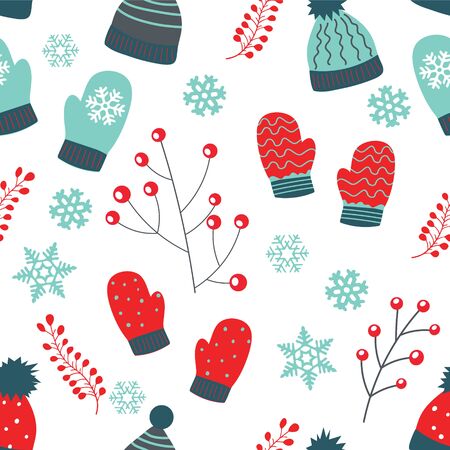Christmas seamless pattern with mittens, hats, branches and snowflakes. Christmas and New Year greetings cards. Vector background.のイラスト素材