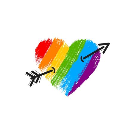 Heart in rainbow color with arrow, hand-drawn icon. LGBT pride symbol. Valentines day line icon. Cupid dart pierced to the heart. Arrow of cupid. LGBT love symbol with arrow.のイラスト素材