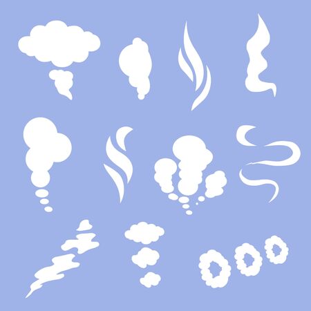 Smoke and steam white silhouettes. Set of special effects template. Clipart element for game, print, advertising, menu and web design. Vector illustration.のイラスト素材