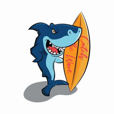 Cool cartoon shark with surfboard. Template for t-shirt prints, stickers, posters and other uses.のイラスト素材
