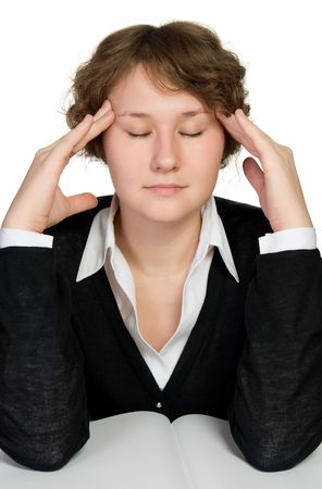 adorable woman is thinking or dreaming over whiteの写真素材