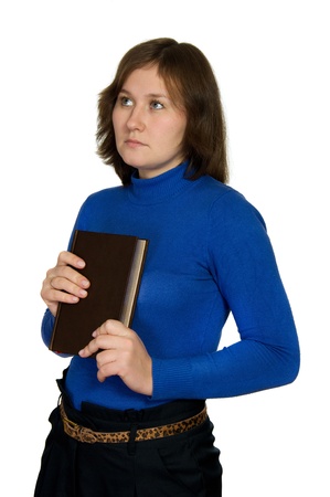 portrait of young woman with book over whiteの写真素材