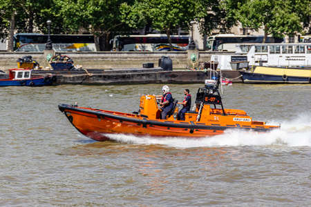 London, UK - 25 July, 2018: E-class Lifeboat of Royal National Lifeboat Institution (RNLI) sails...