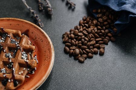 Viennese waffles, coffee beans. Breakfastの写真素材