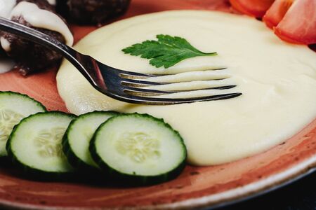 Swedish meatballs with mashed potatoes, gravy and cranberries on an orange plate. Side view on a wooden surface. Vintage salt shakersの写真素材