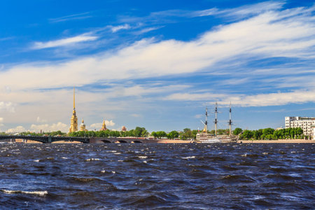 Neva River with a view of the Peter and Paul Fortress in St. Petersburg, sunny dayの写真素材