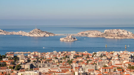 Isle d'If and the bay of Marseille in southern France from the observation platformの写真素材